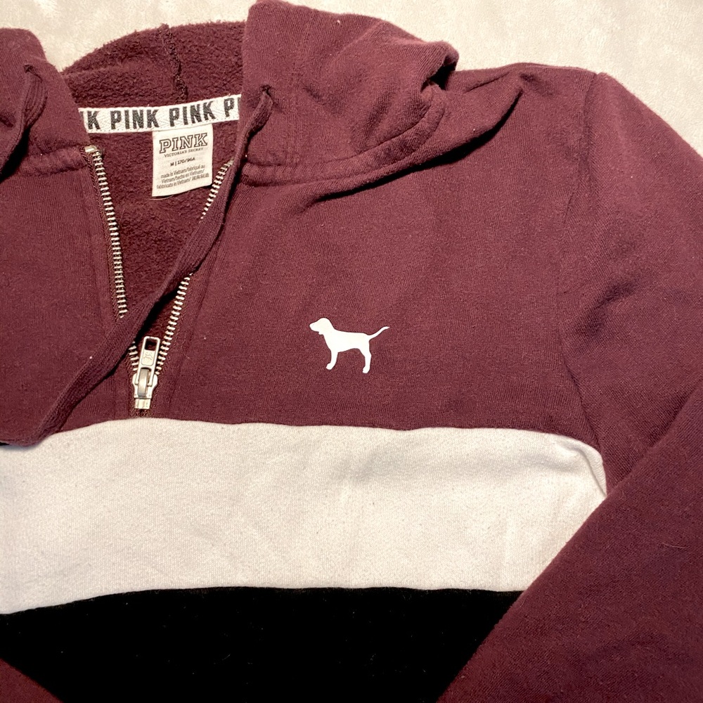 PINK (maroon, black & white) quarter zip w/ hood. - Picture 2 of 6